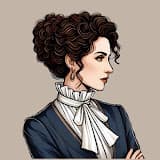 Illustrated portrait used on the Mrs Gill English YouTube channel: a woman in a navy jacket and white ruffled blouse.