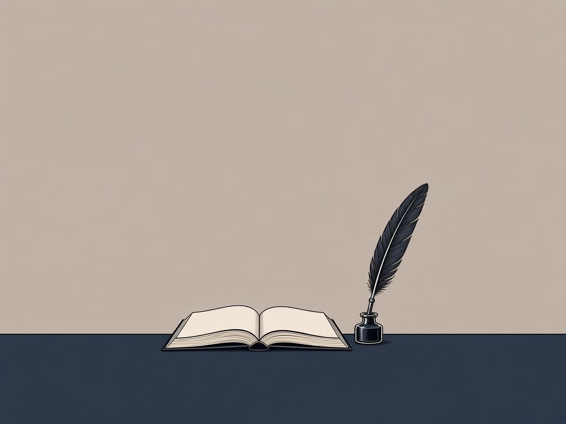 Illustrated still-life of an open book and a quill, in the same style as the Mrs Gill English YouTube artwork.